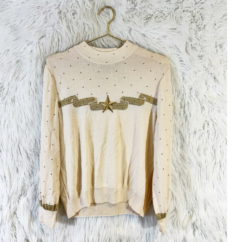 St. John Collection Cream and Gold Star Sweater